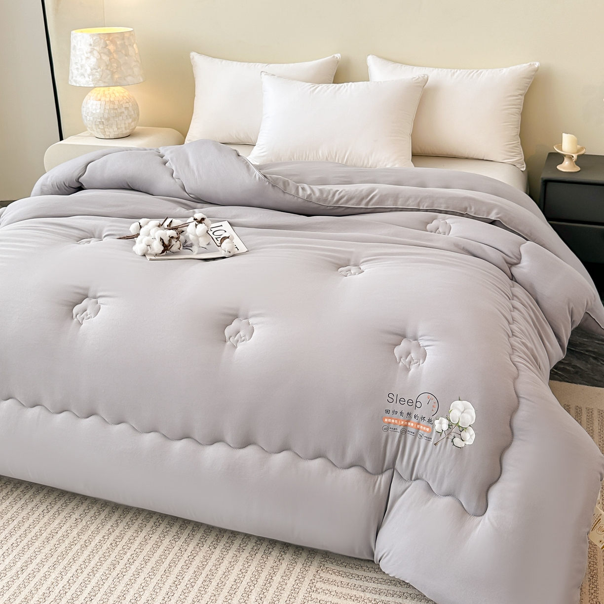 91家纺网 家纺一手货源 找家纺 好欣怡家纺 2026新款A类水洗棉新疆棉花冬被被子被芯棉花被直播 月光灰