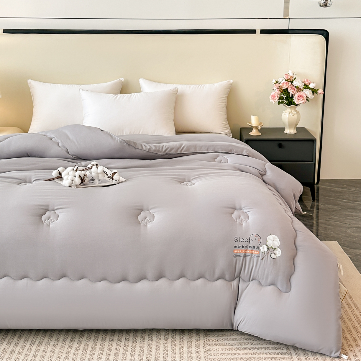 91家纺网 家纺一手货源 找家纺 好欣怡家纺 2026新款A类水洗棉新疆棉花冬被被子被芯棉花被直播 月光灰