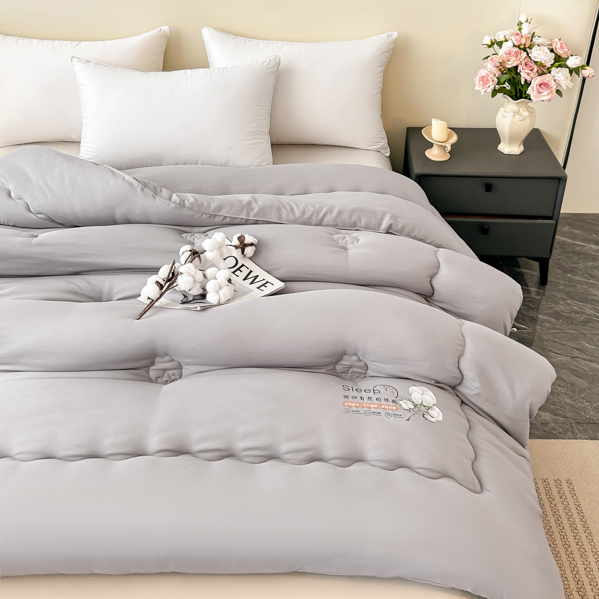 91家纺网 家纺一手货源 找家纺 好欣怡家纺 2026新款A类水洗棉新疆棉花冬被被子被芯棉花被直播 月光灰