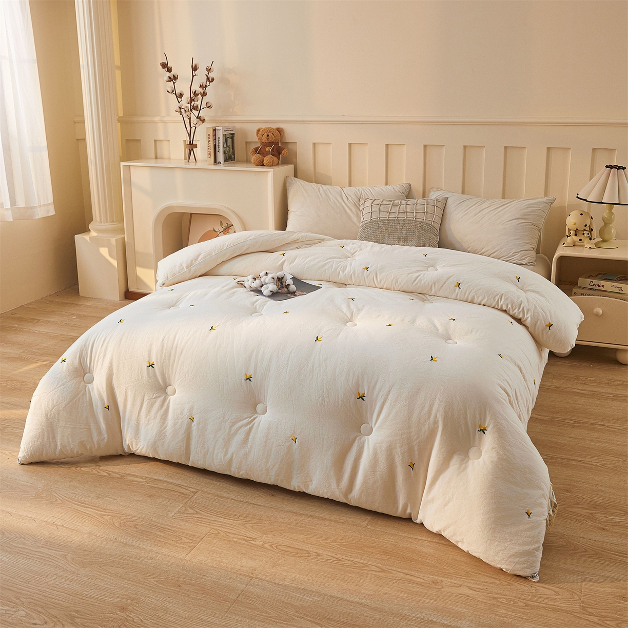 91家纺网 家纺一手货源 找家纺 创优家纺 2025新款专版绣花被全棉满绣刺绣被芯里外全棉新疆棉花被纯棉被芯被子春秋被冬被儿童被直播 里外全棉-黄花絮