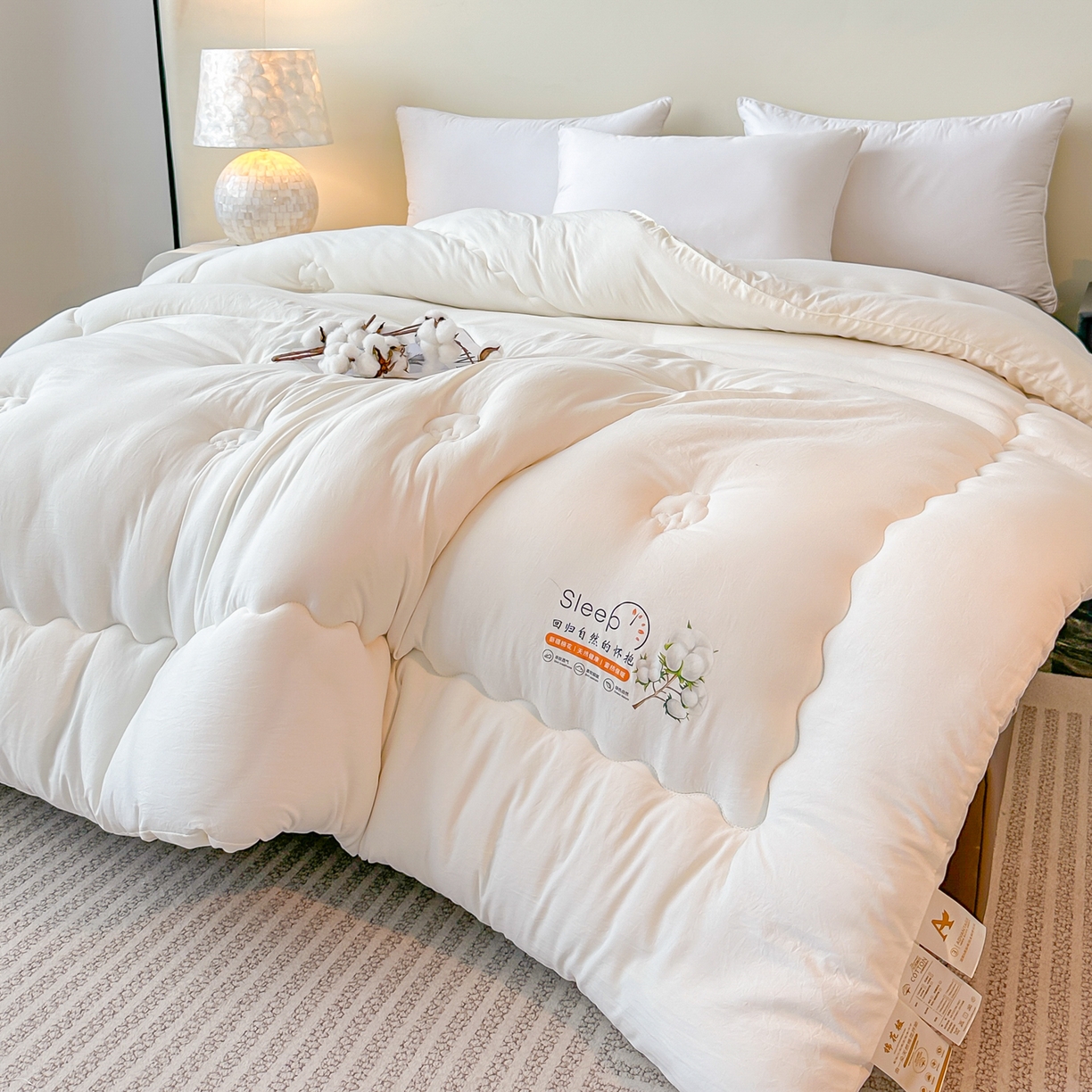 91家纺网 家纺一手货源 找家纺 好欣怡家纺 2026新款A类水洗棉新疆棉花冬被被子被芯棉花被直播 奶油白