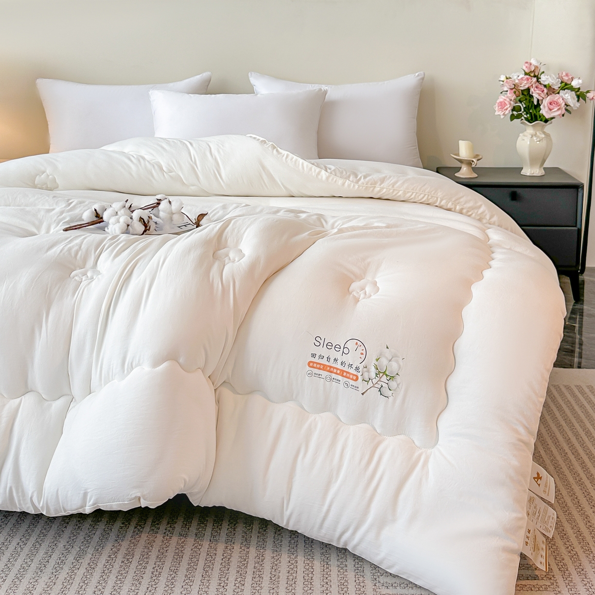 91家纺网 家纺一手货源 找家纺 好欣怡家纺 2026新款A类水洗棉新疆棉花冬被被子被芯棉花被直播 奶油白