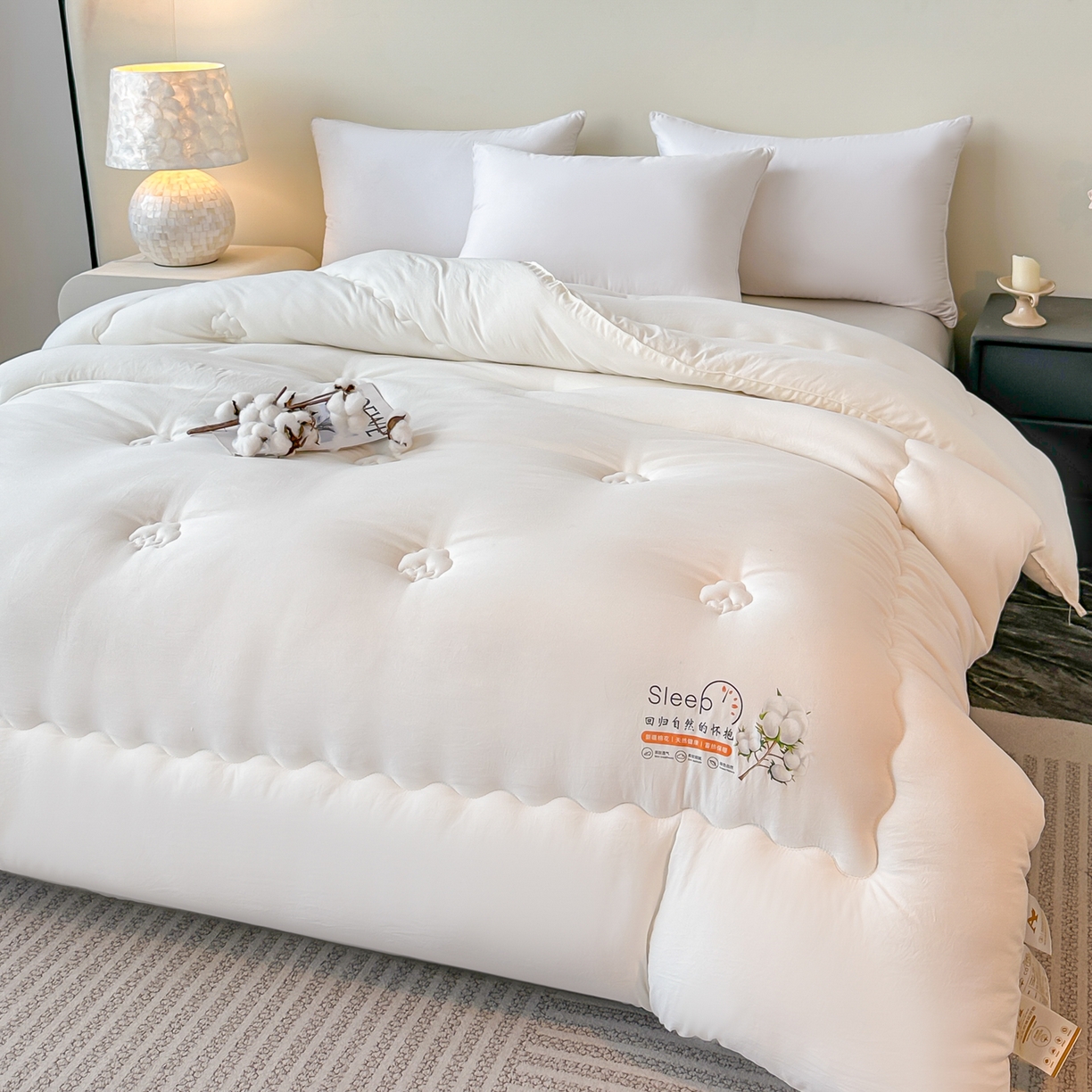 91家纺网 家纺一手货源 找家纺 好欣怡家纺 2026新款A类水洗棉新疆棉花冬被被子被芯棉花被直播 奶油白