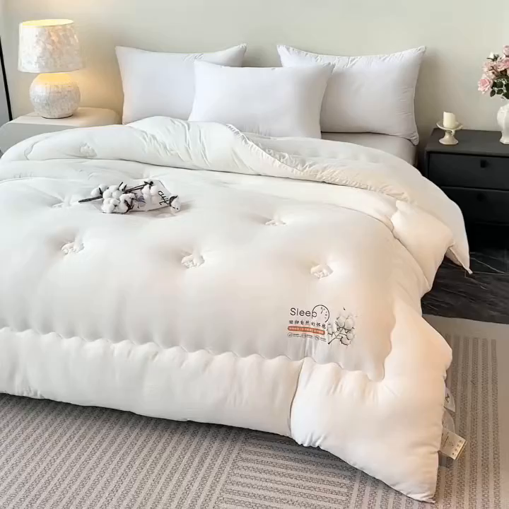 91家纺网 家纺一手货源 找家纺 好欣怡家纺 2026新款A类水洗棉新疆棉花冬被被子被芯棉花被直播 奶油白