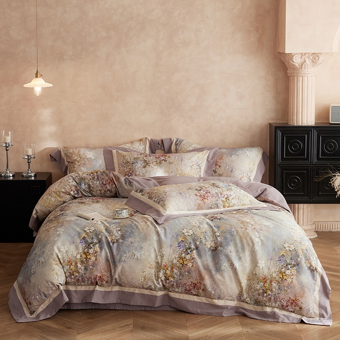 简纯主义 2025新款全棉纯棉磨毛数码印花四件套-一路繁花 一路繁花-紫