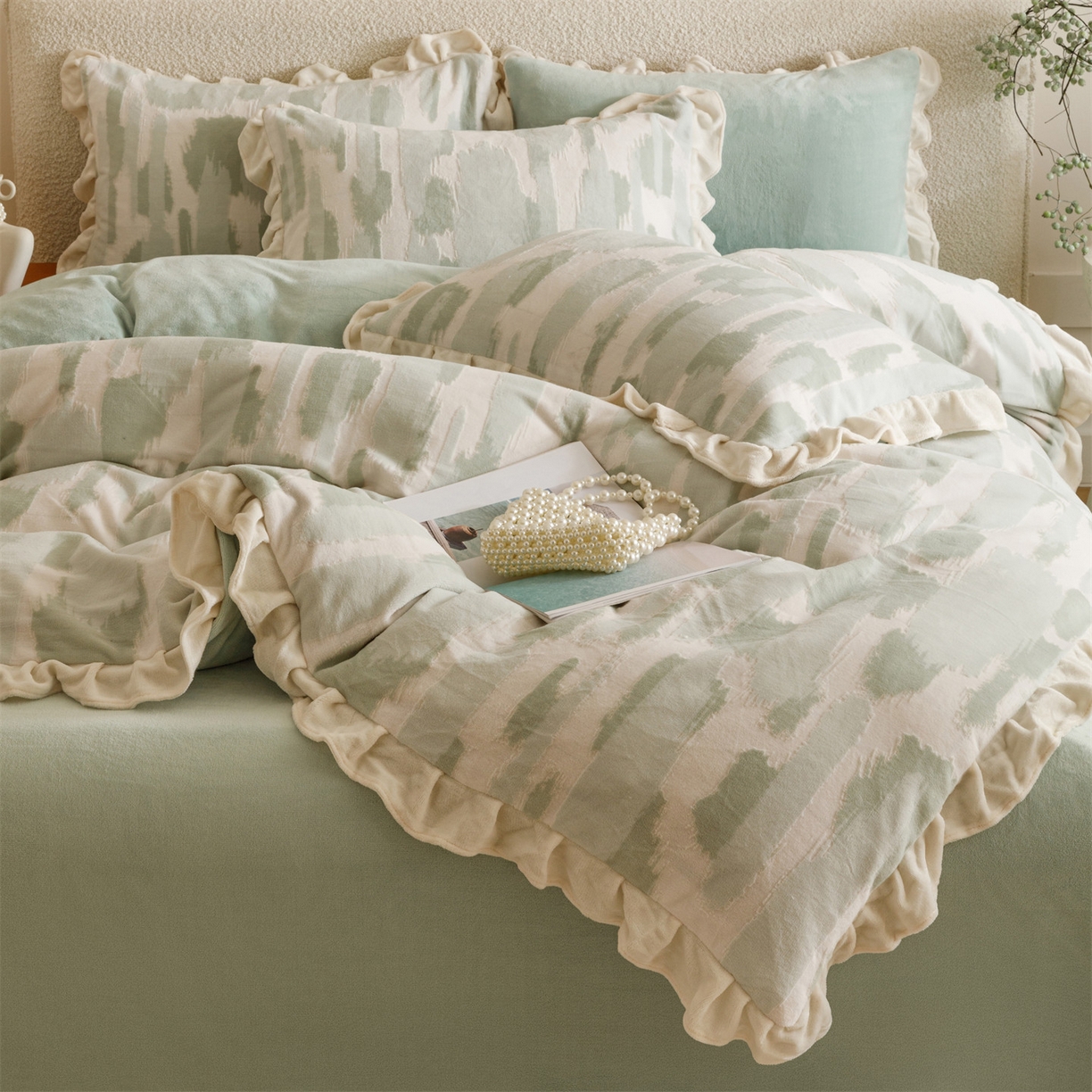 91家纺网 家纺一手货源 找家纺 恬思语家纺 2025新款亲肤舒适韩风小清新花边牛奶绒四件套 奇想-绿