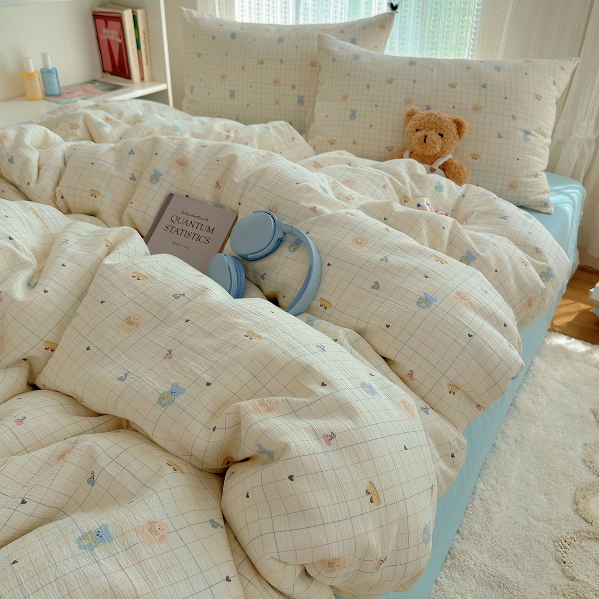 91家纺网 家纺一手货源 找家纺 金梦拉家纺 2025新款加厚皱皱纱婴儿纱四件套 奶昔小熊