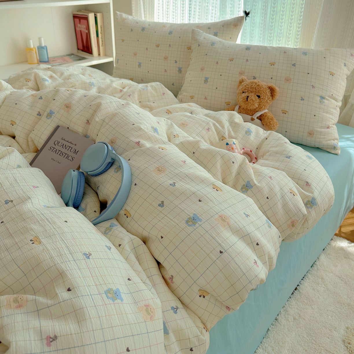 91家纺网 家纺一手货源 找家纺 金梦拉家纺 2025新款加厚皱皱纱婴儿纱四件套 奶昔小熊