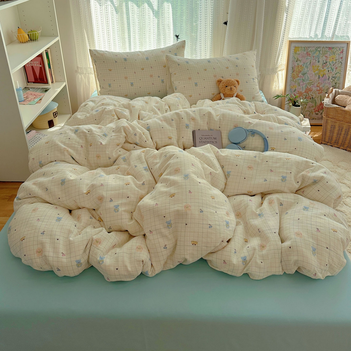 91家纺网 家纺一手货源 找家纺 金梦拉家纺 2025新款加厚皱皱纱婴儿纱四件套 奶昔小熊