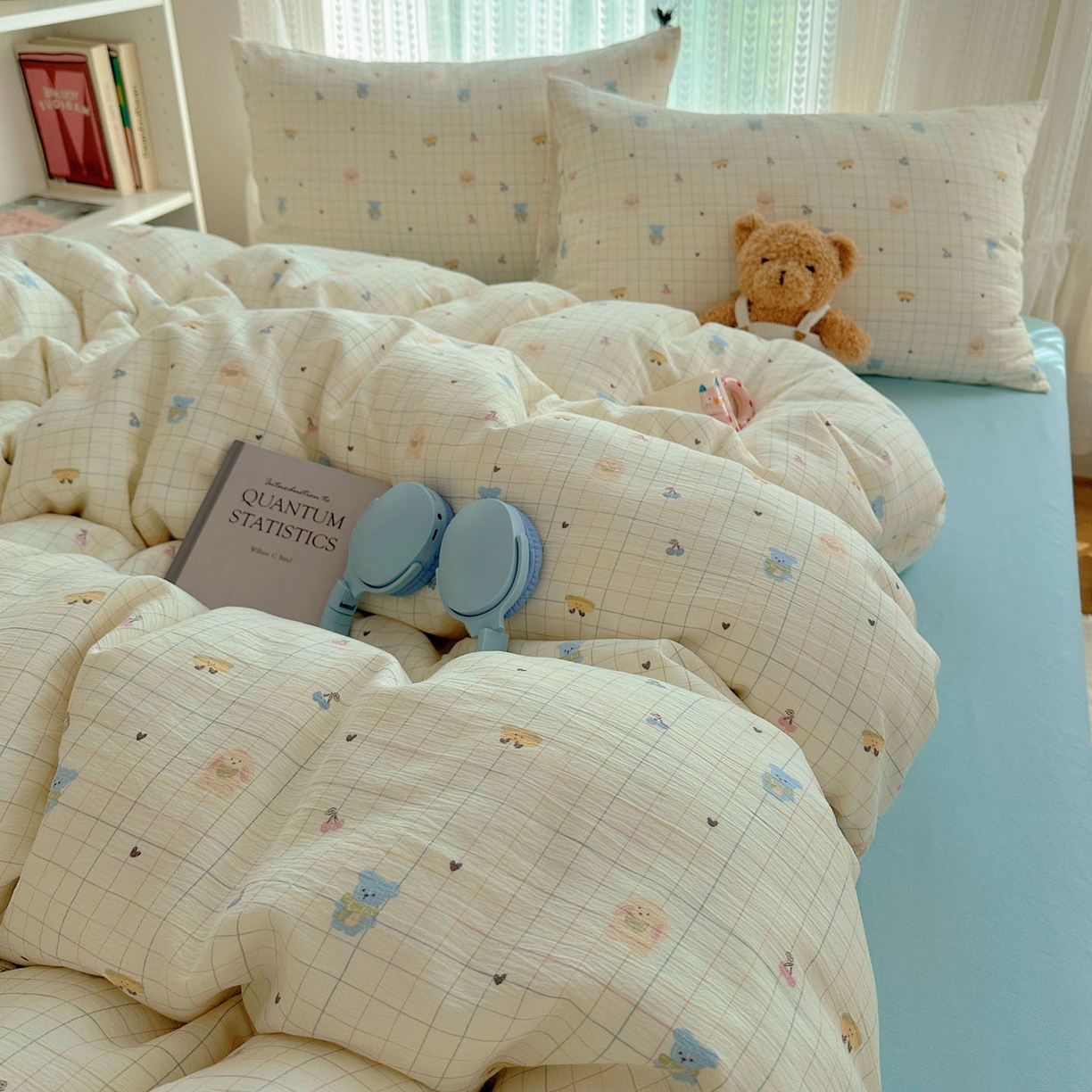 91家纺网 家纺一手货源 找家纺 金梦拉家纺 2025新款加厚皱皱纱婴儿纱四件套 奶昔小熊