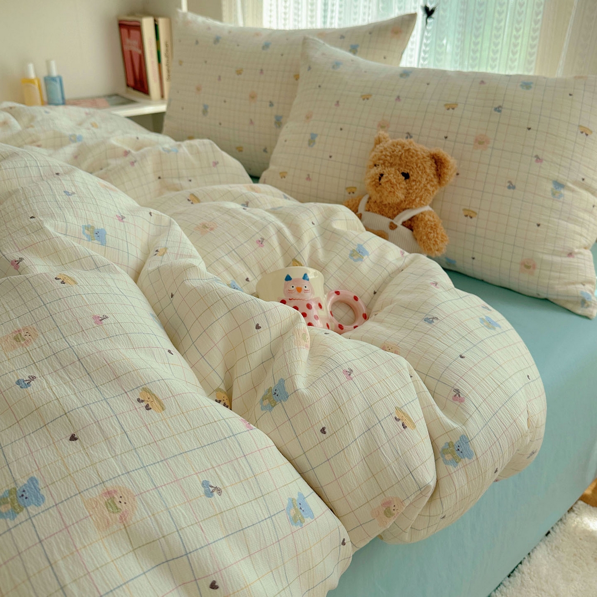 91家纺网 家纺一手货源 找家纺 金梦拉家纺 2025新款加厚皱皱纱婴儿纱四件套 奶昔小熊