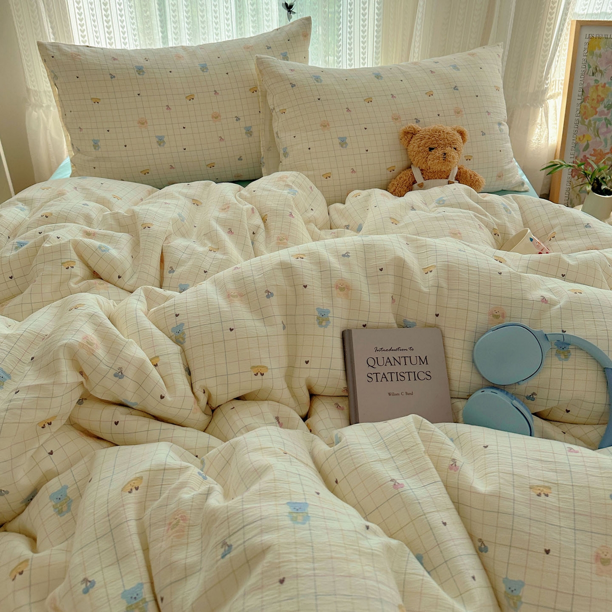 91家纺网 家纺一手货源 找家纺 金梦拉家纺 2025新款加厚皱皱纱婴儿纱四件套 奶昔小熊