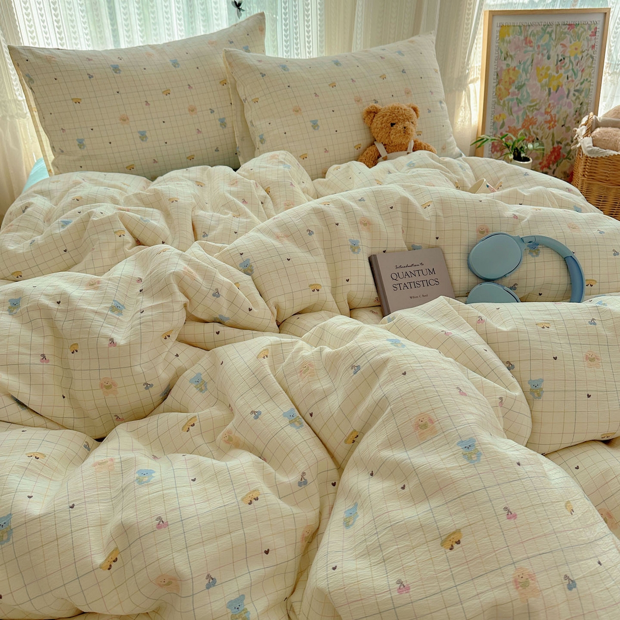 91家纺网 家纺一手货源 找家纺 金梦拉家纺 2025新款加厚皱皱纱婴儿纱四件套 奶昔小熊