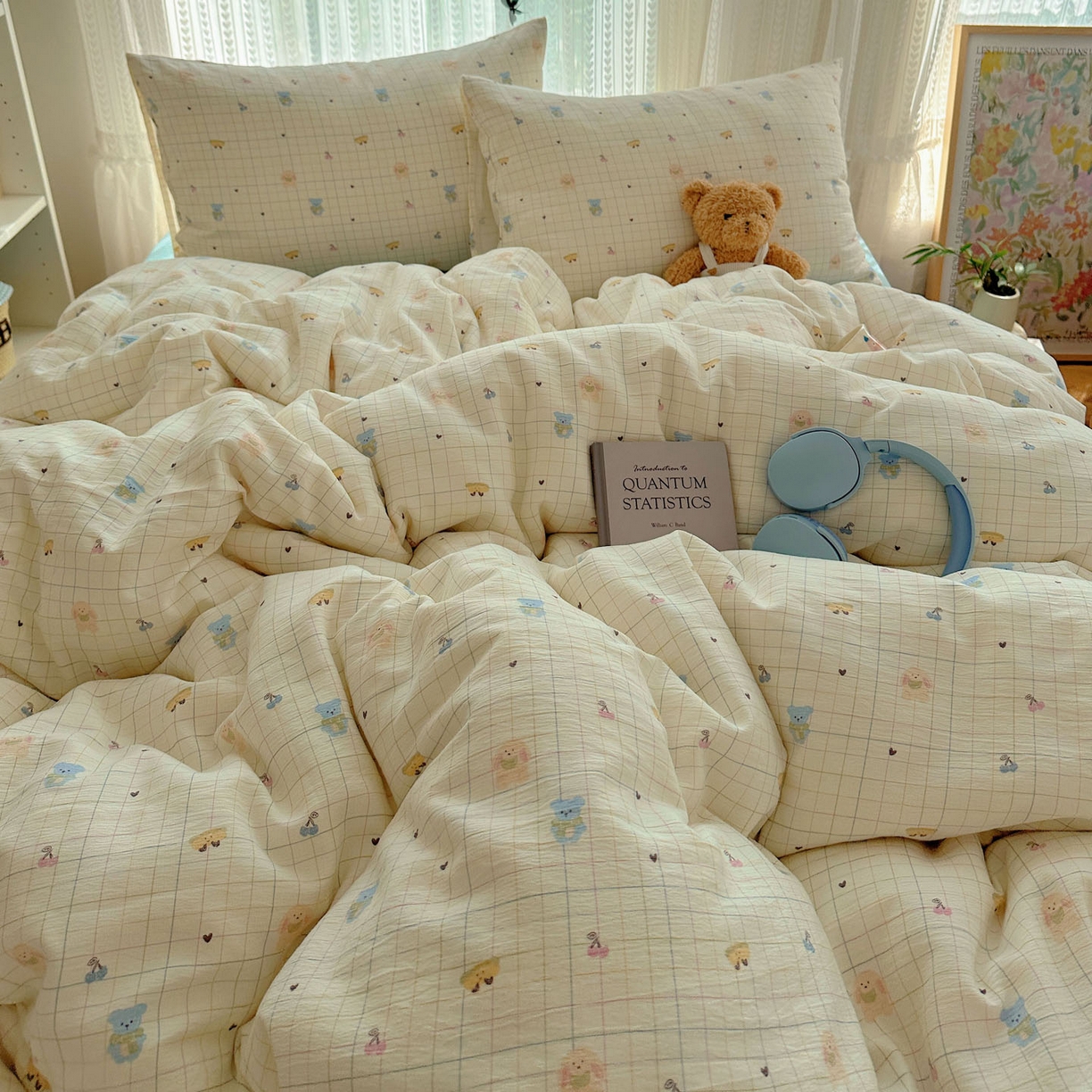 91家纺网 家纺一手货源 找家纺 金梦拉家纺 2025新款加厚皱皱纱婴儿纱四件套 奶昔小熊