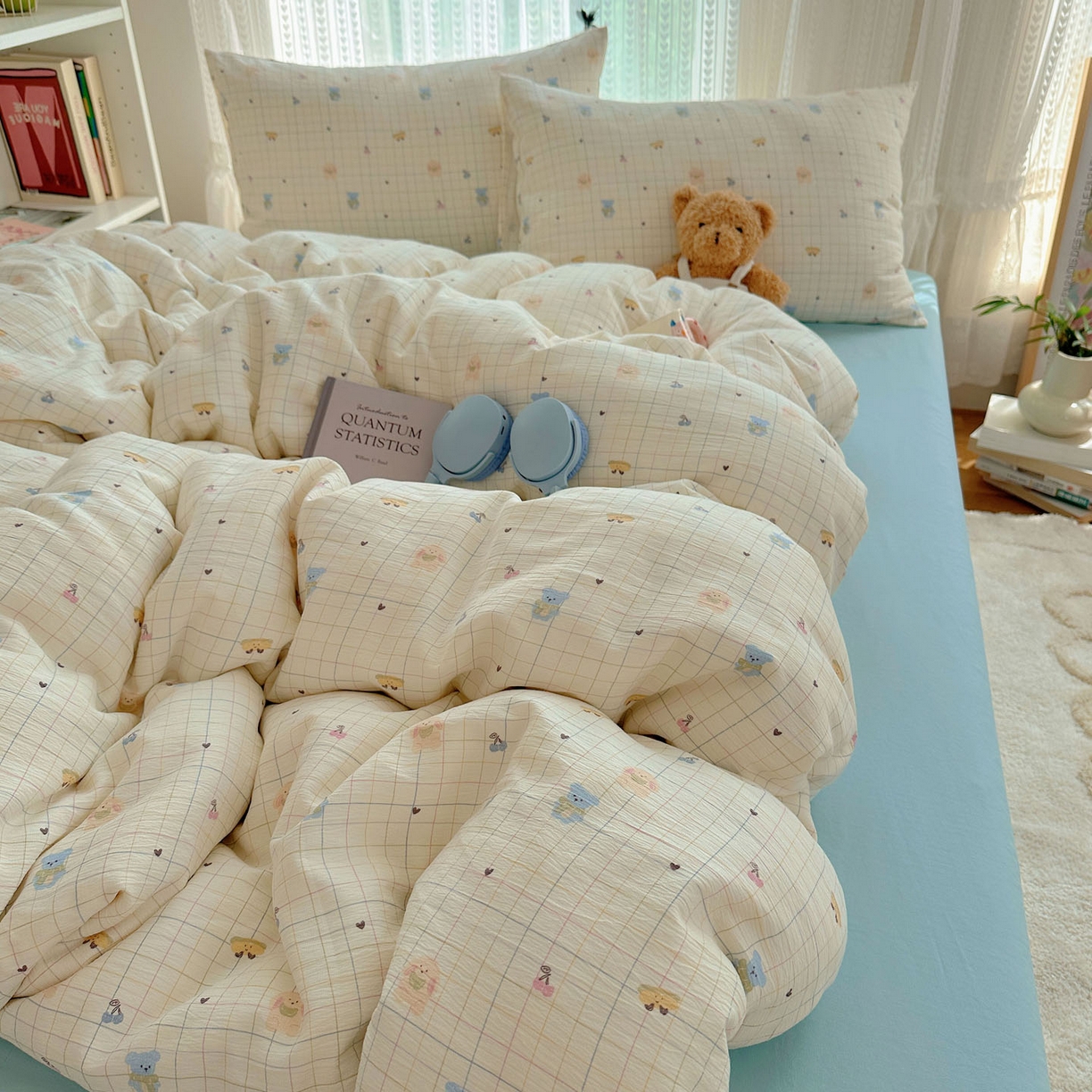 91家纺网 家纺一手货源 找家纺 金梦拉家纺 2025新款加厚皱皱纱婴儿纱四件套 奶昔小熊