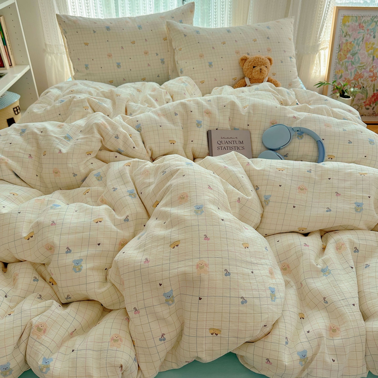 91家纺网 家纺一手货源 找家纺 金梦拉家纺 2025新款加厚皱皱纱婴儿纱四件套 奶昔小熊