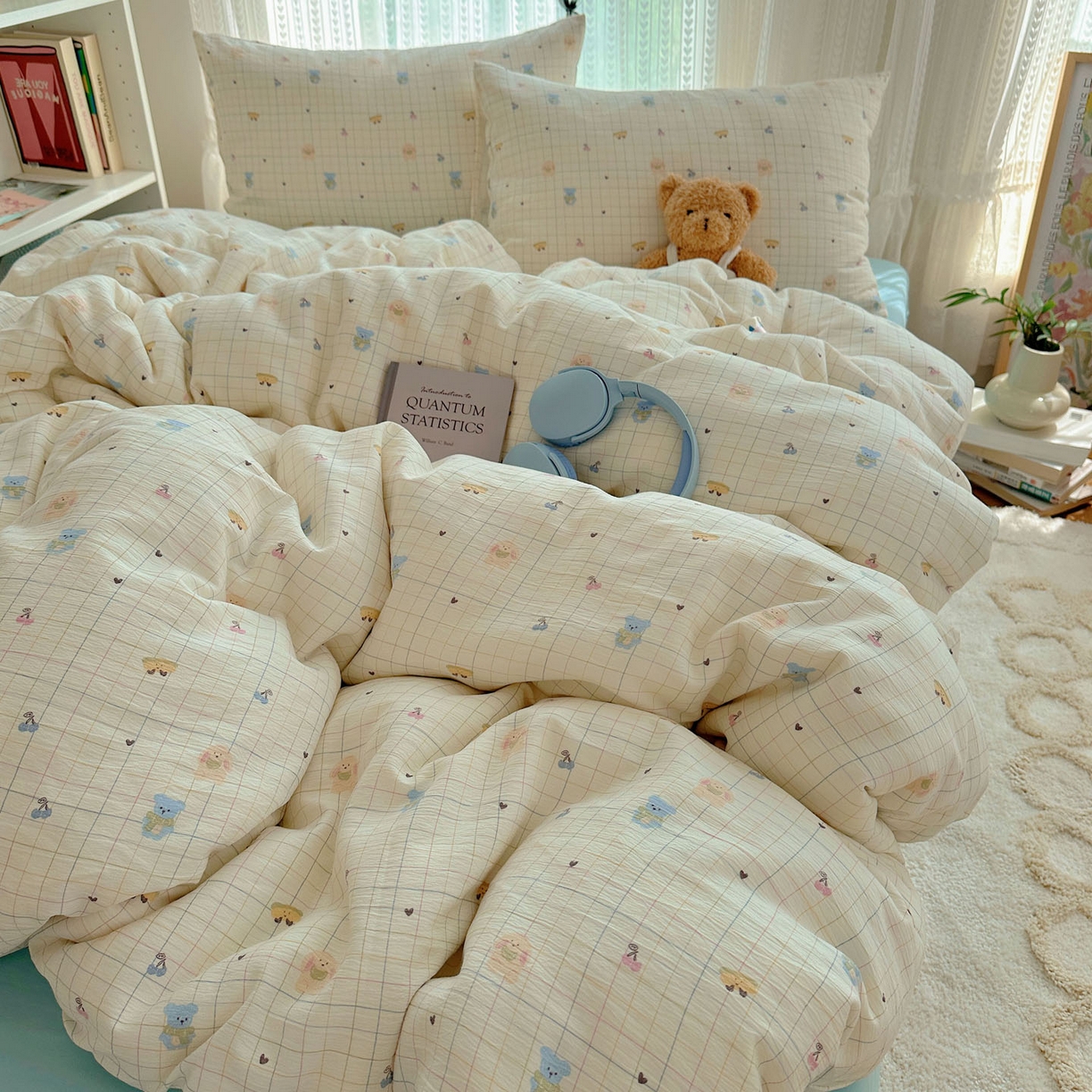 91家纺网 家纺一手货源 找家纺 金梦拉家纺 2025新款加厚皱皱纱婴儿纱四件套 奶昔小熊