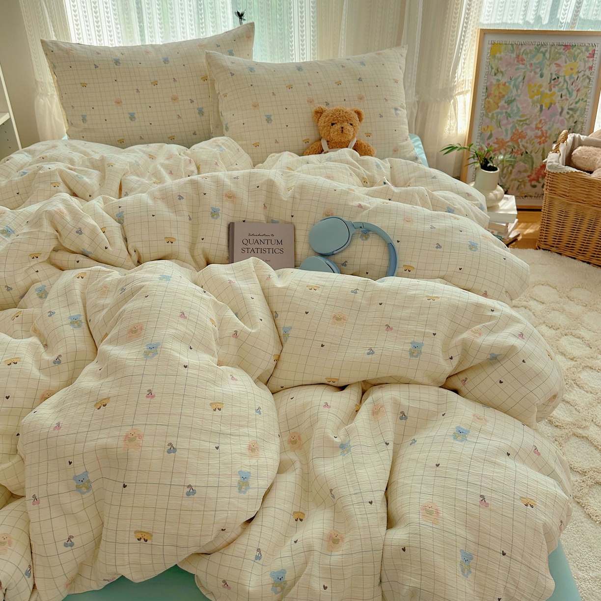 91家纺网 家纺一手货源 找家纺 金梦拉家纺 2025新款加厚皱皱纱婴儿纱四件套 奶昔小熊