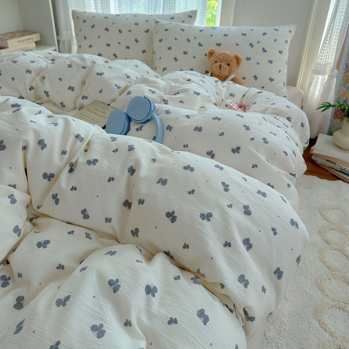 91家纺网 家纺一手货源 找家纺 金梦拉家纺 2025新款加厚皱皱纱婴儿纱四件套 蝶舞