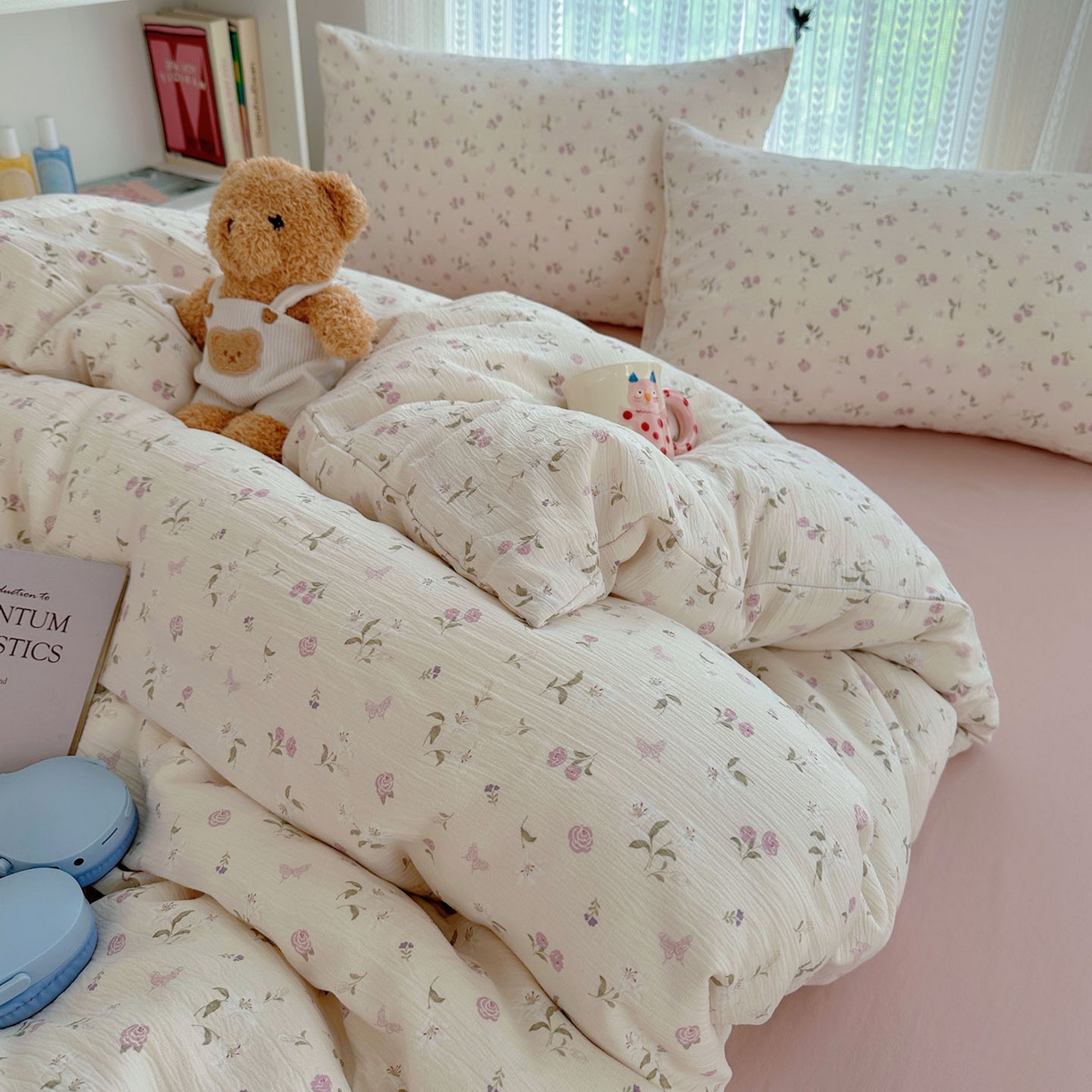 91家纺网 家纺一手货源 找家纺 金梦拉家纺 2025新款加厚皱皱纱婴儿纱四件套 花开有时