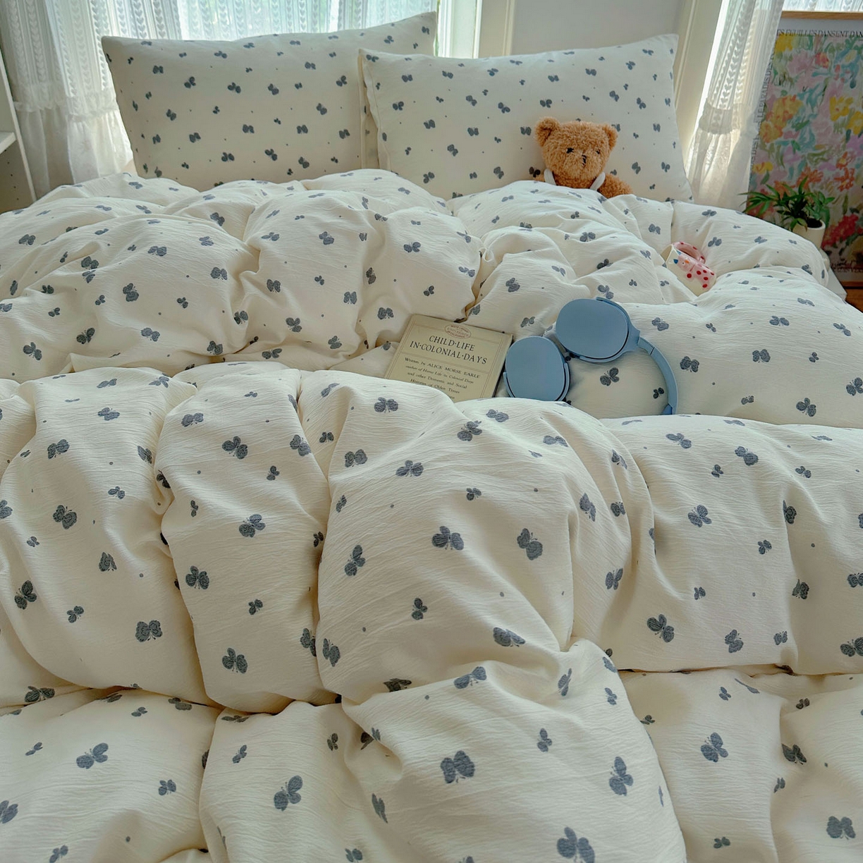 91家纺网 家纺一手货源 找家纺 金梦拉家纺 2025新款加厚皱皱纱婴儿纱四件套 蝶舞