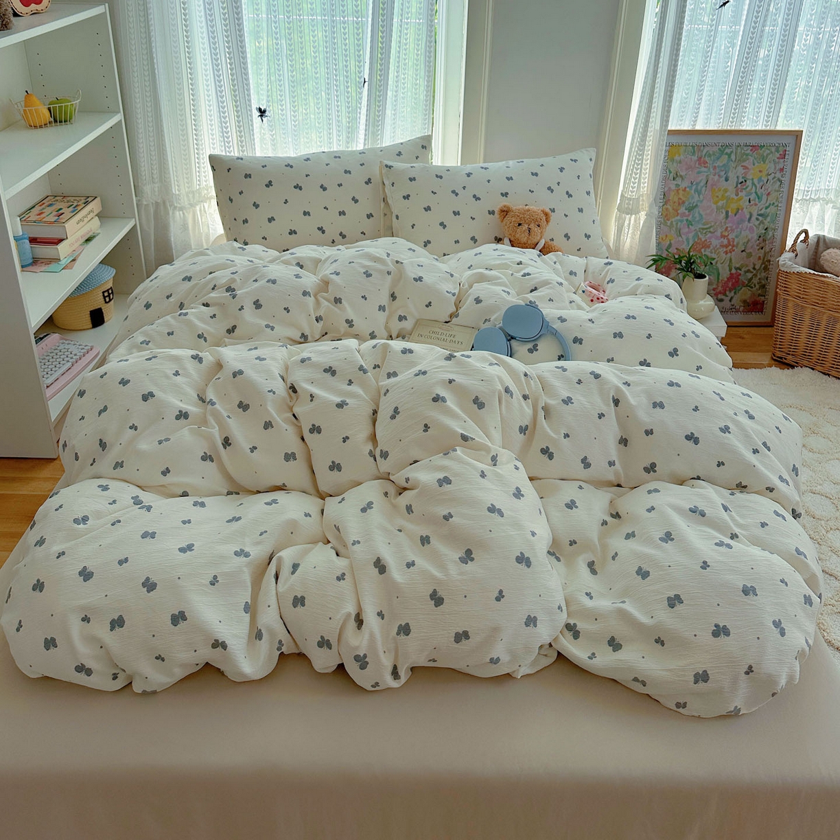 91家纺网 家纺一手货源 找家纺 金梦拉家纺 2025新款加厚皱皱纱婴儿纱四件套 蝶舞