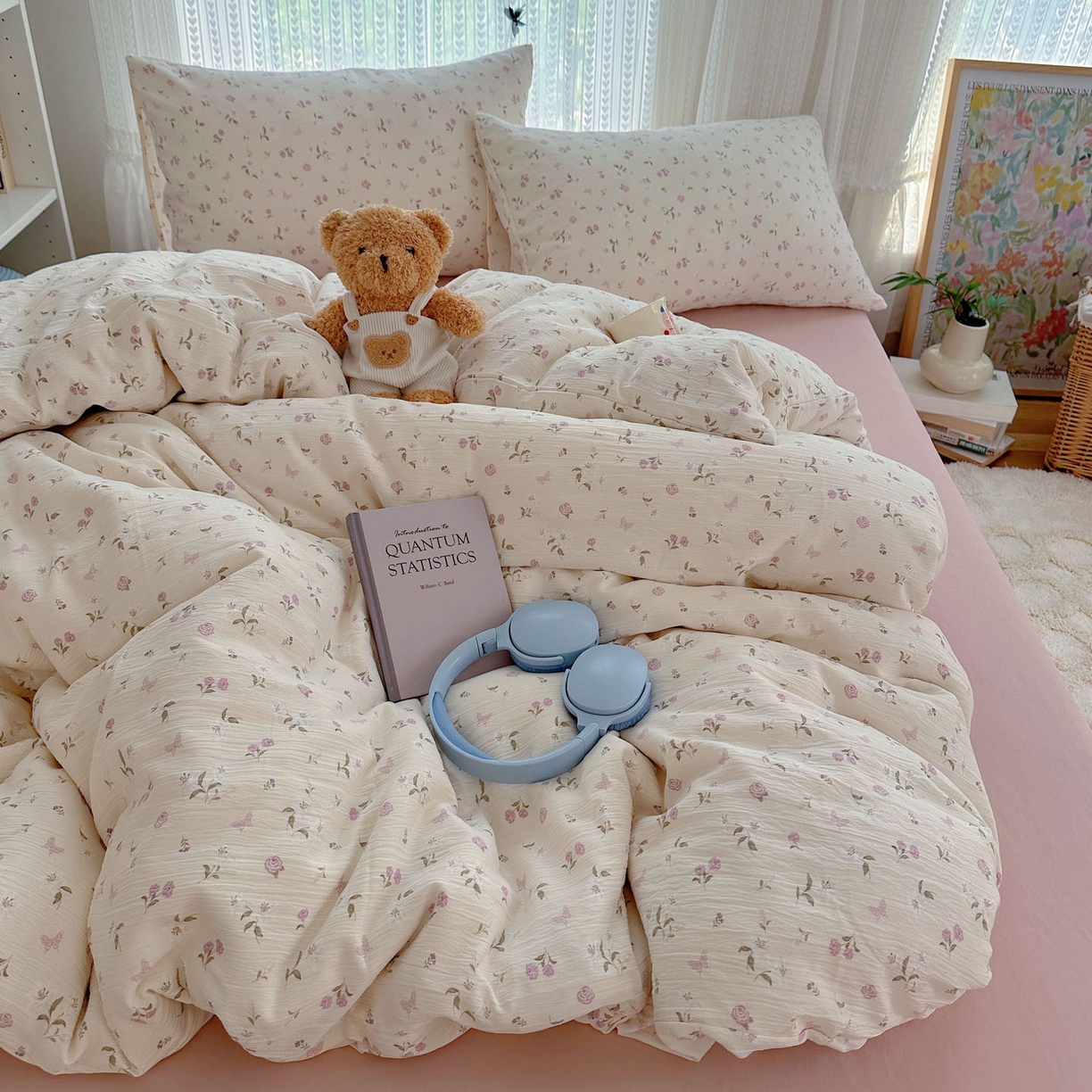 91家纺网 家纺一手货源 找家纺 金梦拉家纺 2025新款加厚皱皱纱婴儿纱四件套 花开有时