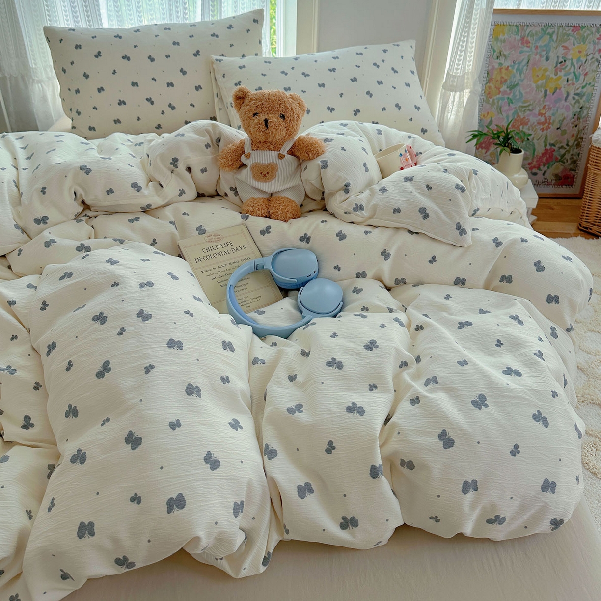 91家纺网 家纺一手货源 找家纺 金梦拉家纺 2025新款加厚皱皱纱婴儿纱四件套 蝶舞