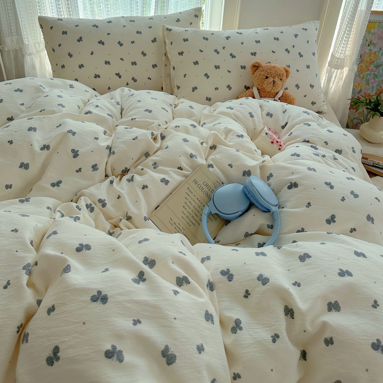 91家纺网 家纺一手货源 找家纺 金梦拉家纺 2025新款加厚皱皱纱婴儿纱四件套 蝶舞