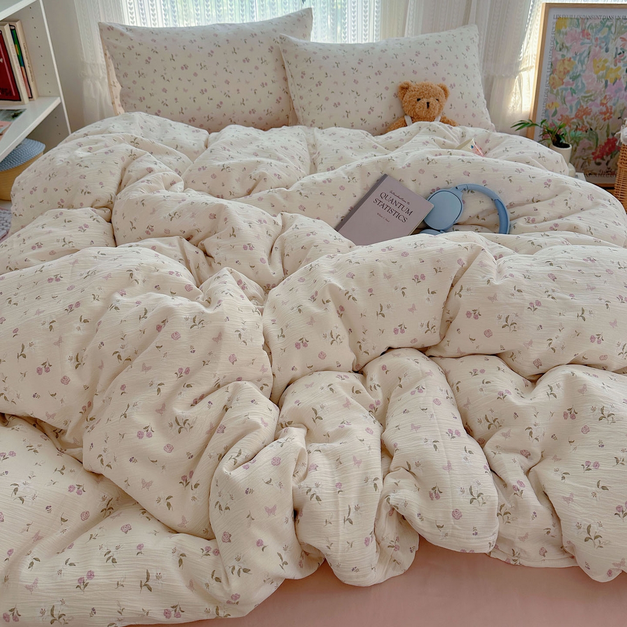 91家纺网 家纺一手货源 找家纺 金梦拉家纺 2025新款加厚皱皱纱婴儿纱四件套 花开有时