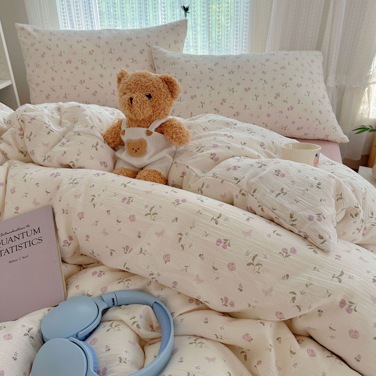 91家纺网 家纺一手货源 找家纺 金梦拉家纺 2025新款加厚皱皱纱婴儿纱四件套 花开有时