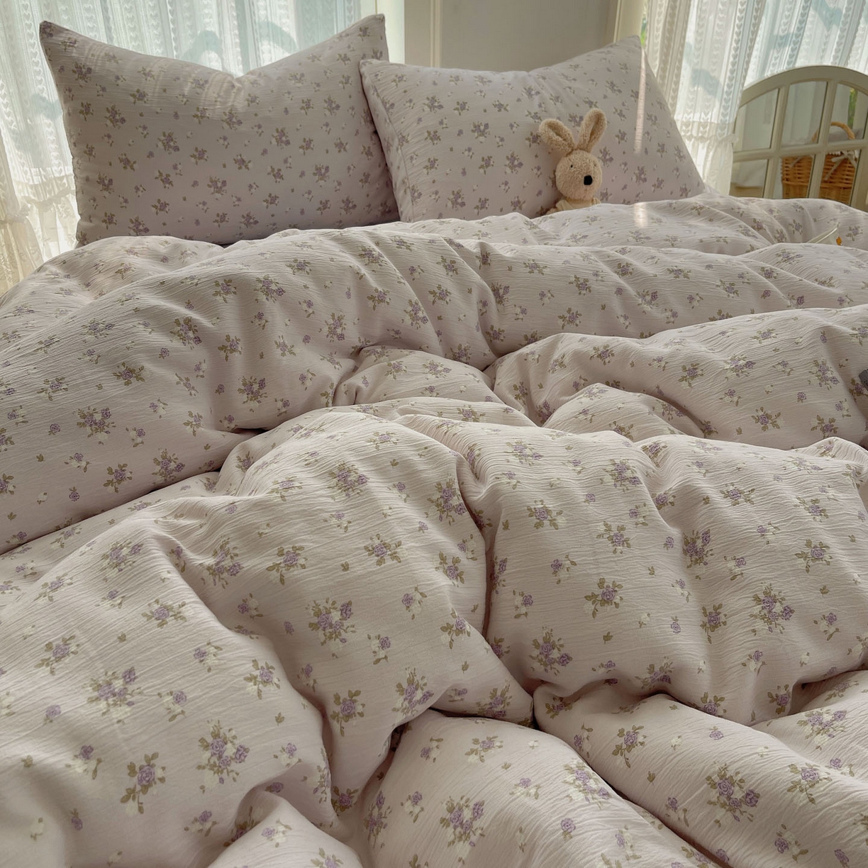 91家纺网 家纺一手货源 找家纺 金梦拉家纺 2025新款加厚皱皱纱婴儿纱四件套 雨茉风铃