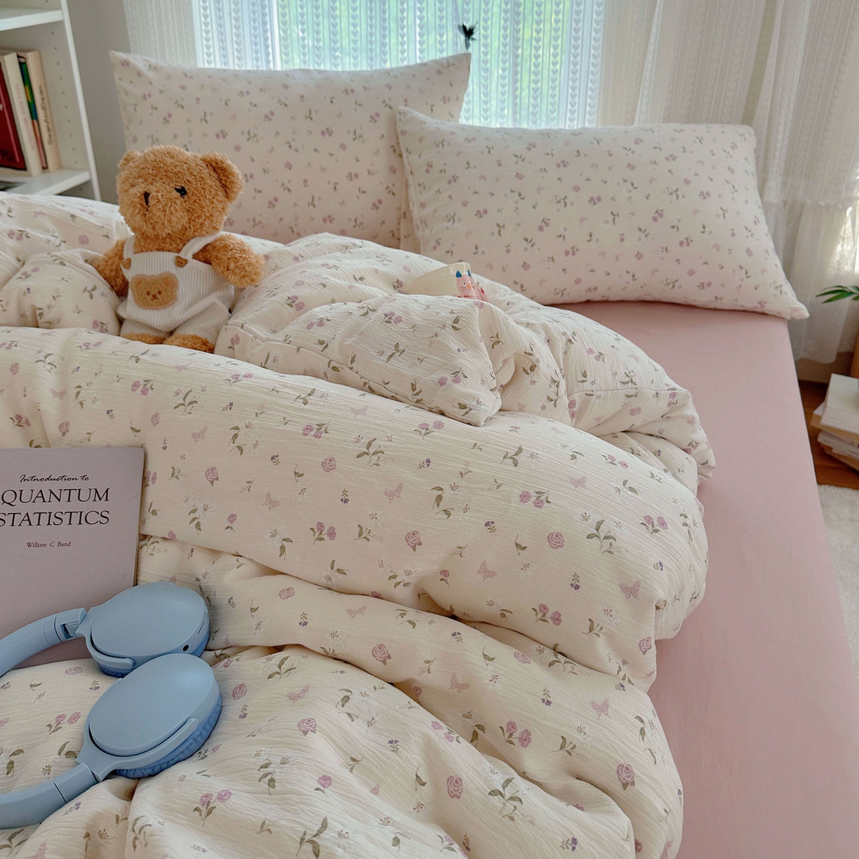 91家纺网 家纺一手货源 找家纺 金梦拉家纺 2025新款加厚皱皱纱婴儿纱四件套 花开有时