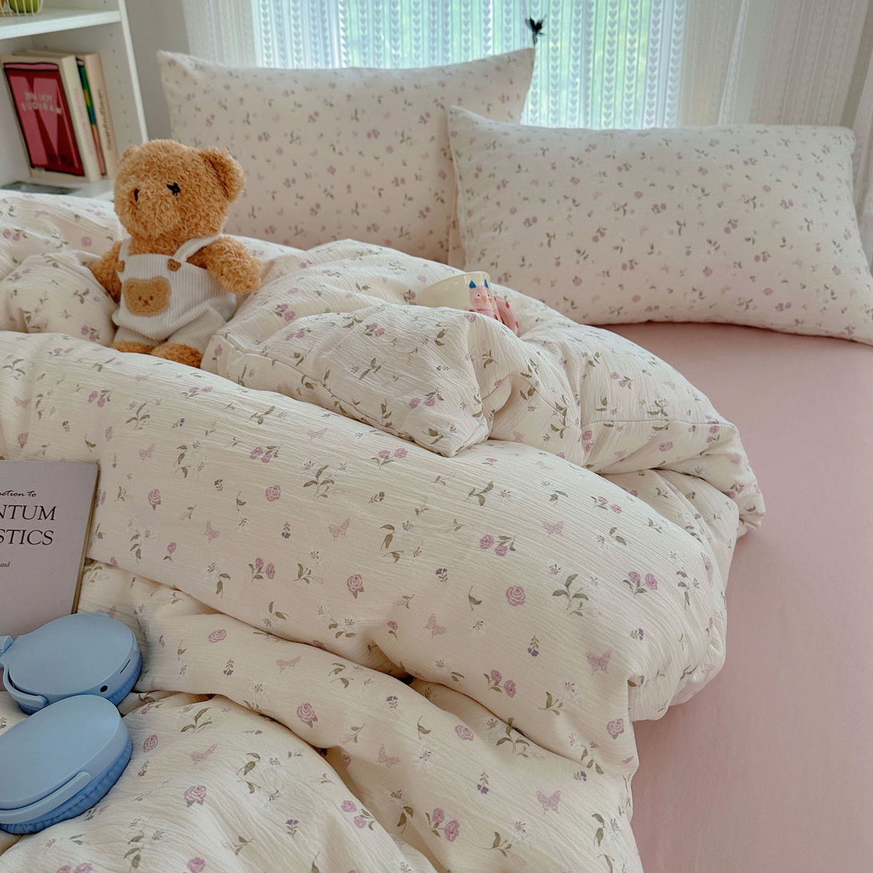 91家纺网 家纺一手货源 找家纺 金梦拉家纺 2025新款加厚皱皱纱婴儿纱四件套 花开有时