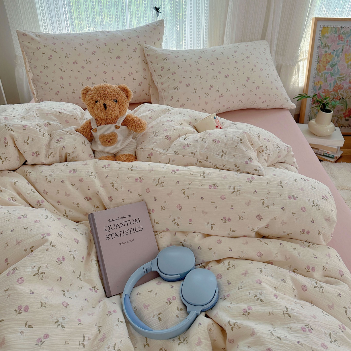 91家纺网 家纺一手货源 找家纺 金梦拉家纺 2025新款加厚皱皱纱婴儿纱四件套 花开有时