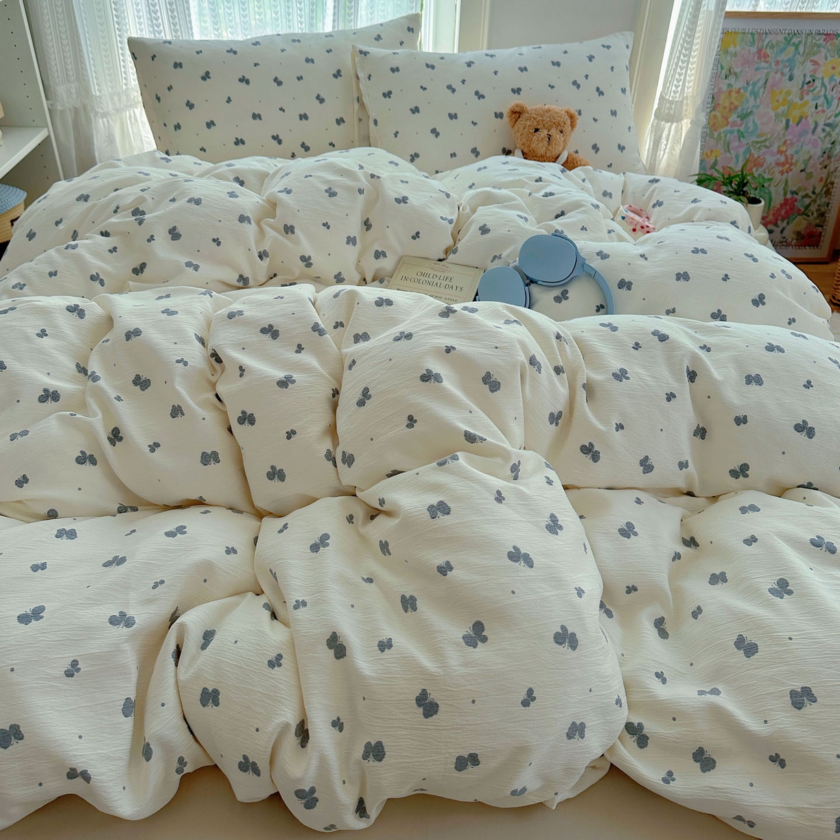 91家纺网 家纺一手货源 找家纺 金梦拉家纺 2025新款加厚皱皱纱婴儿纱四件套 蝶舞