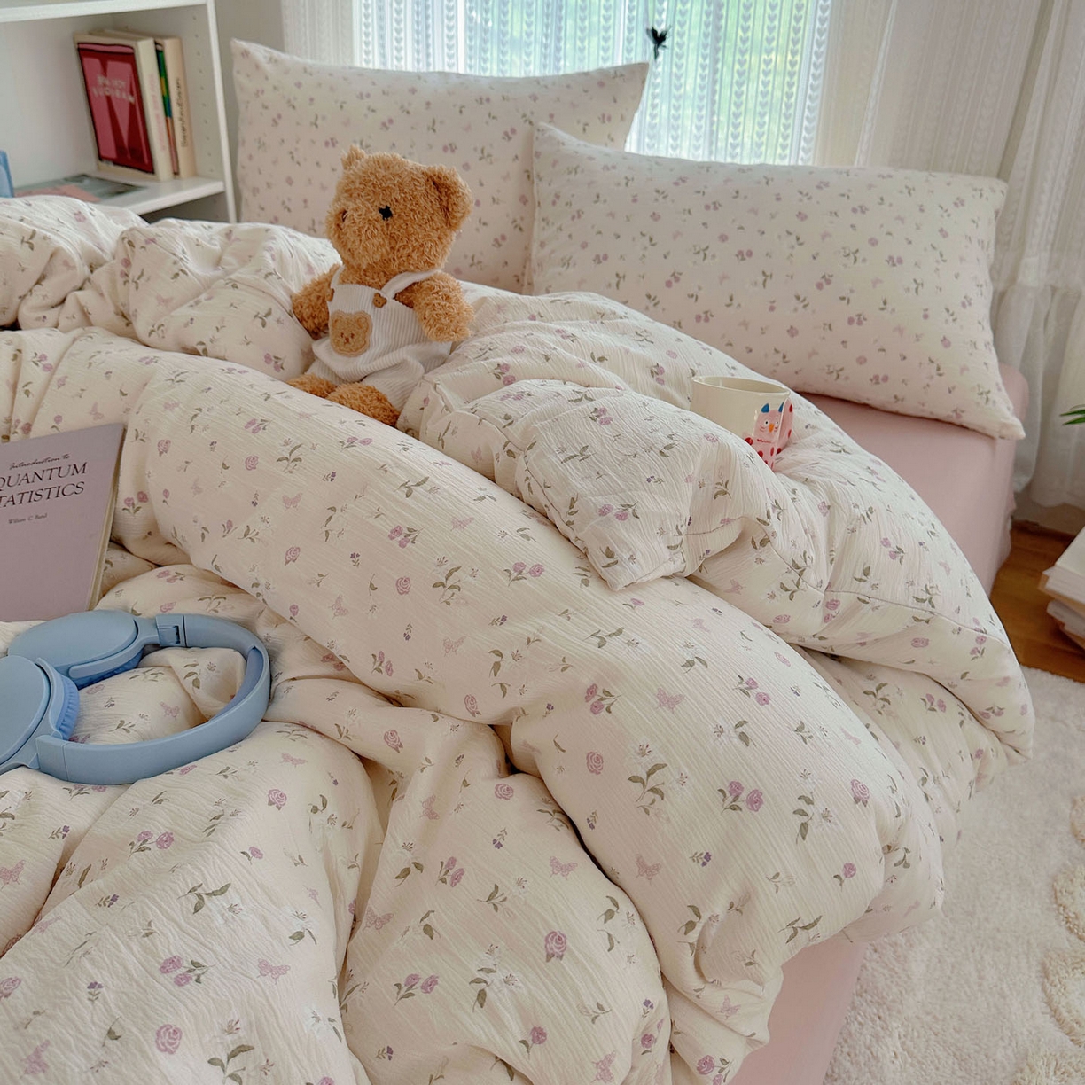 91家纺网 家纺一手货源 找家纺 金梦拉家纺 2025新款加厚皱皱纱婴儿纱四件套 花开有时