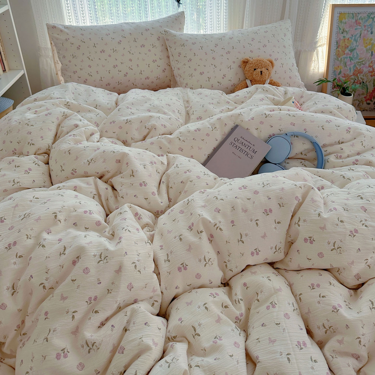 91家纺网 家纺一手货源 找家纺 金梦拉家纺 2025新款加厚皱皱纱婴儿纱四件套 花开有时