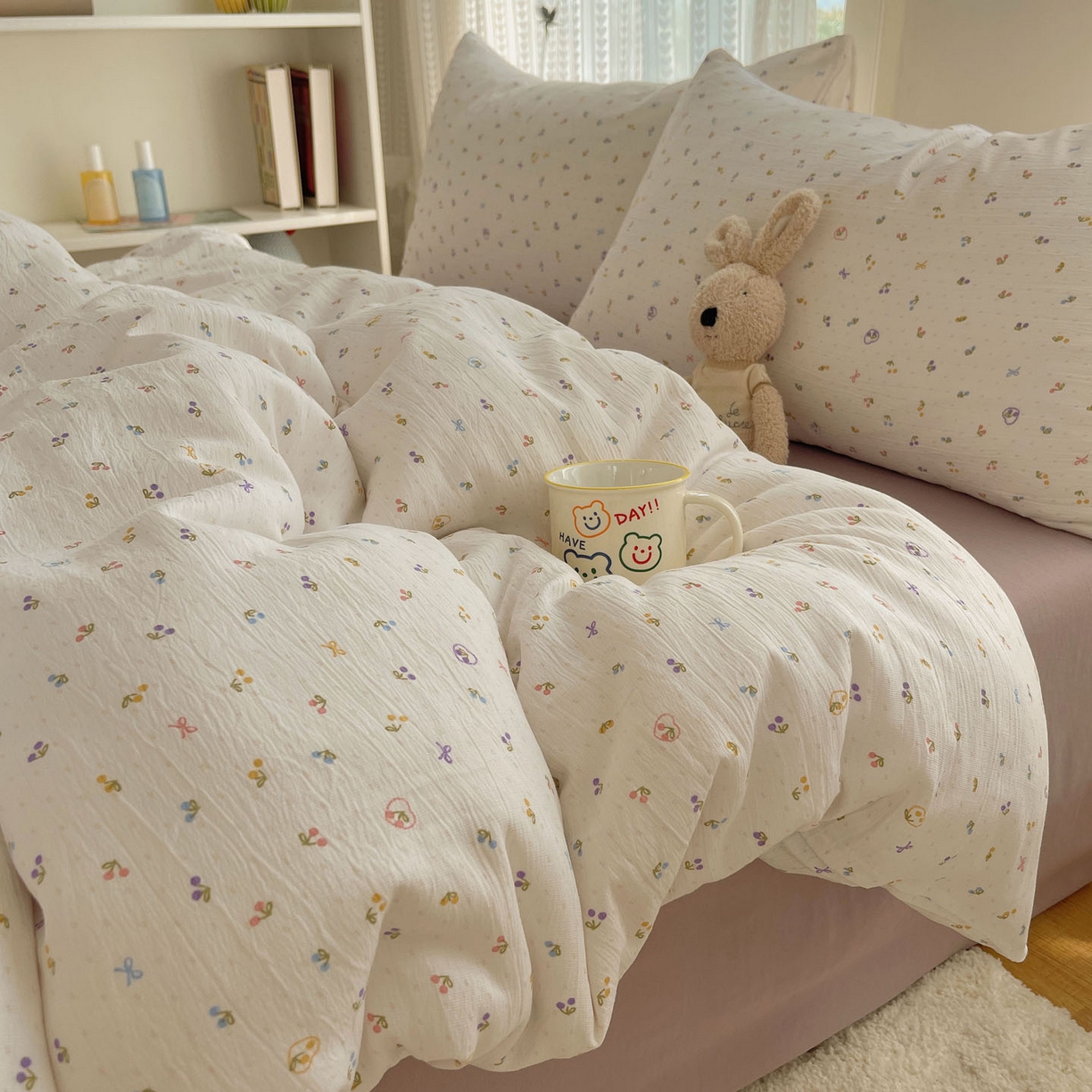 91家纺网 家纺一手货源 找家纺 金梦拉家纺 2025新款加厚皱皱纱婴儿纱四件套 小樱桃