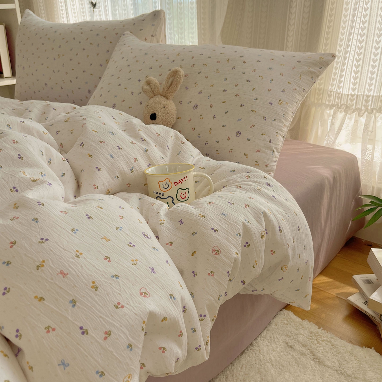 91家纺网 家纺一手货源 找家纺 金梦拉家纺 2025新款加厚皱皱纱婴儿纱四件套 小樱桃