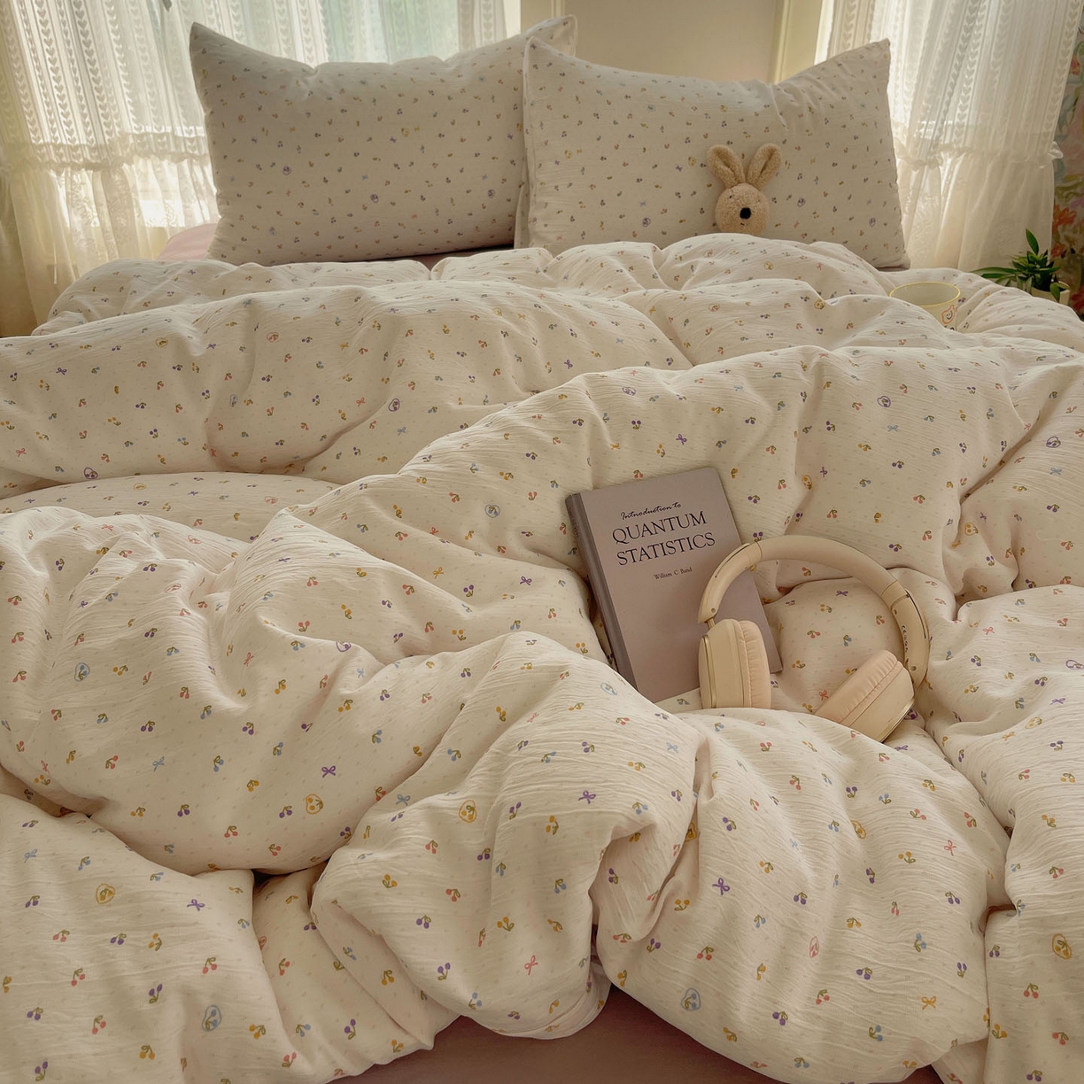 91家纺网 家纺一手货源 找家纺 金梦拉家纺 2025新款加厚皱皱纱婴儿纱四件套 小樱桃