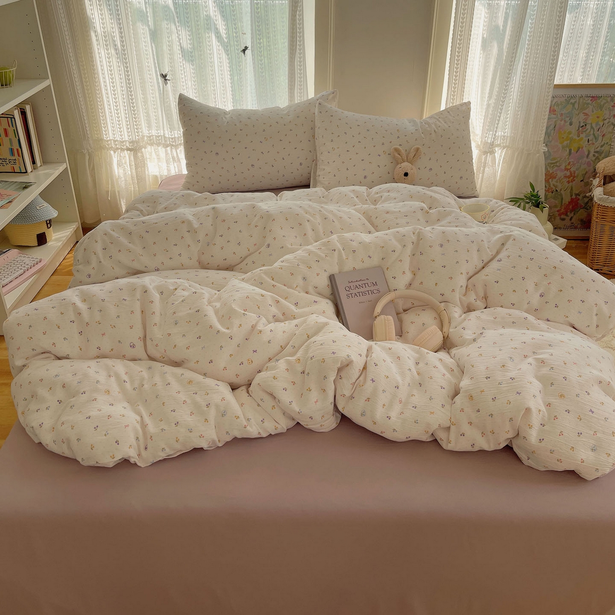 91家纺网 家纺一手货源 找家纺 金梦拉家纺 2025新款加厚皱皱纱婴儿纱四件套 小樱桃