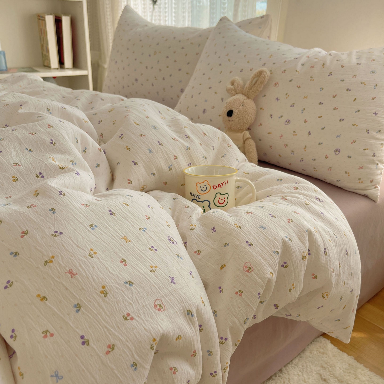 91家纺网 家纺一手货源 找家纺 金梦拉家纺 2025新款加厚皱皱纱婴儿纱四件套 小樱桃