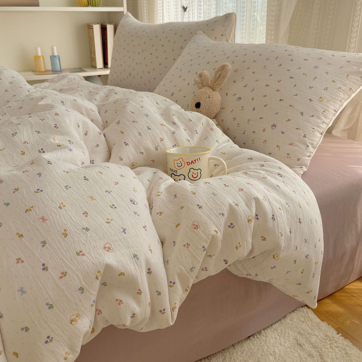 91家纺网 家纺一手货源 找家纺 金梦拉家纺 2025新款加厚皱皱纱婴儿纱四件套 小樱桃