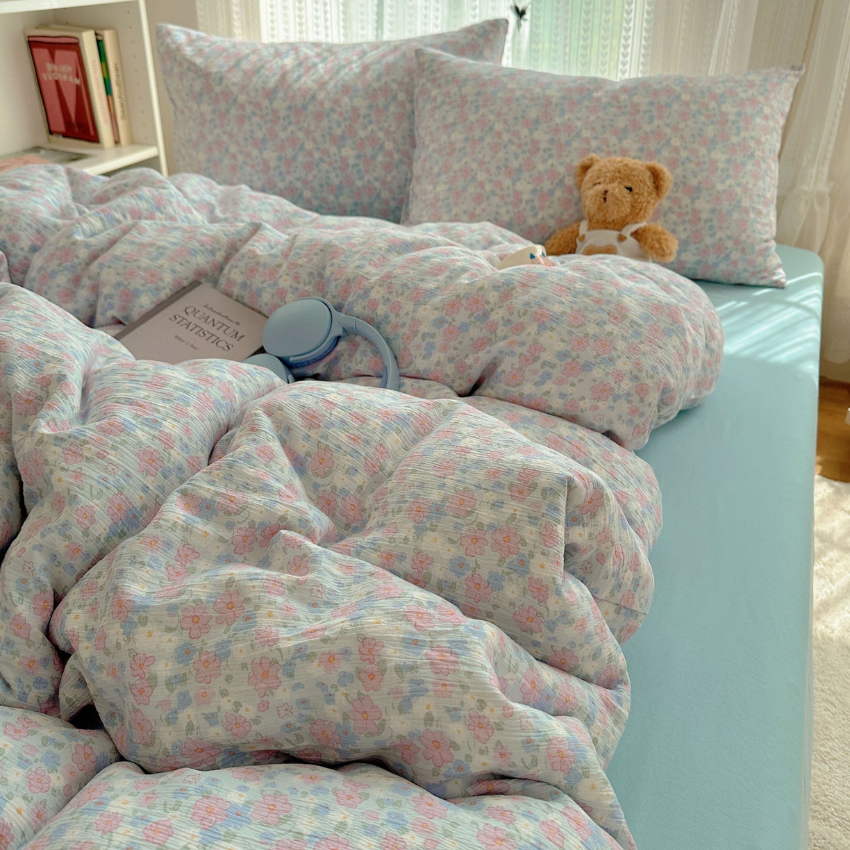 91家纺网 家纺一手货源 找家纺 金梦拉家纺 2025新款加厚皱皱纱婴儿纱四件套 薄雾山茶-兰