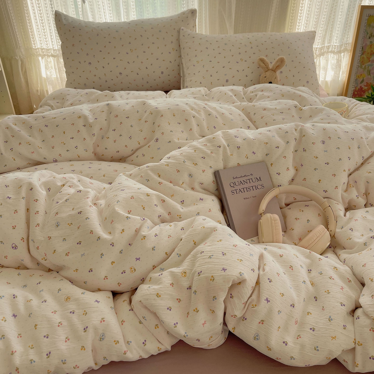 91家纺网 家纺一手货源 找家纺 金梦拉家纺 2025新款加厚皱皱纱婴儿纱四件套 小樱桃