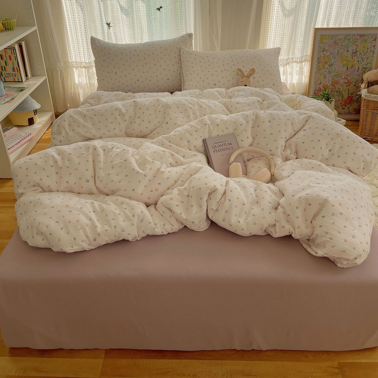 91家纺网 家纺一手货源 找家纺 金梦拉家纺 2025新款加厚皱皱纱婴儿纱四件套 小樱桃