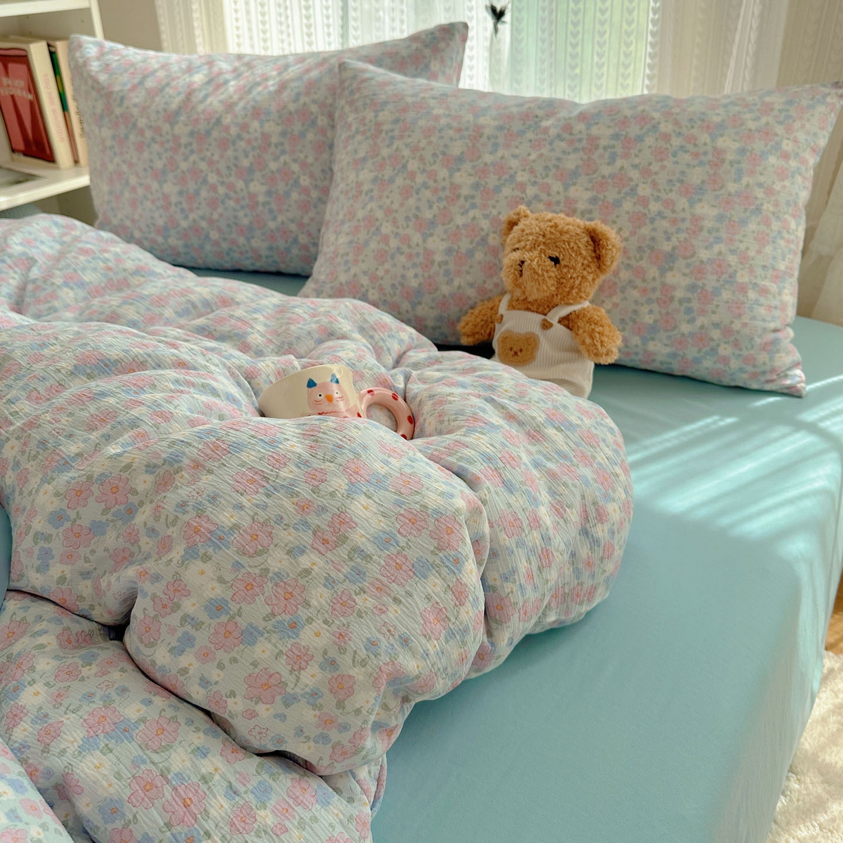 91家纺网 家纺一手货源 找家纺 金梦拉家纺 2025新款加厚皱皱纱婴儿纱四件套 薄雾山茶-兰