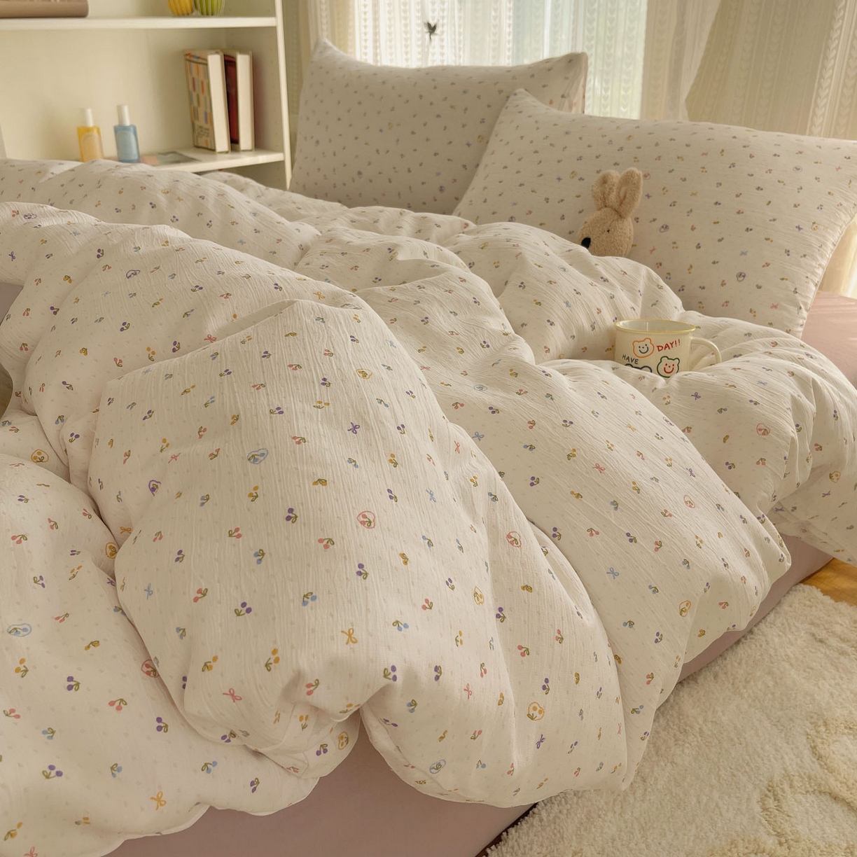 91家纺网 家纺一手货源 找家纺 金梦拉家纺 2025新款加厚皱皱纱婴儿纱四件套 小樱桃