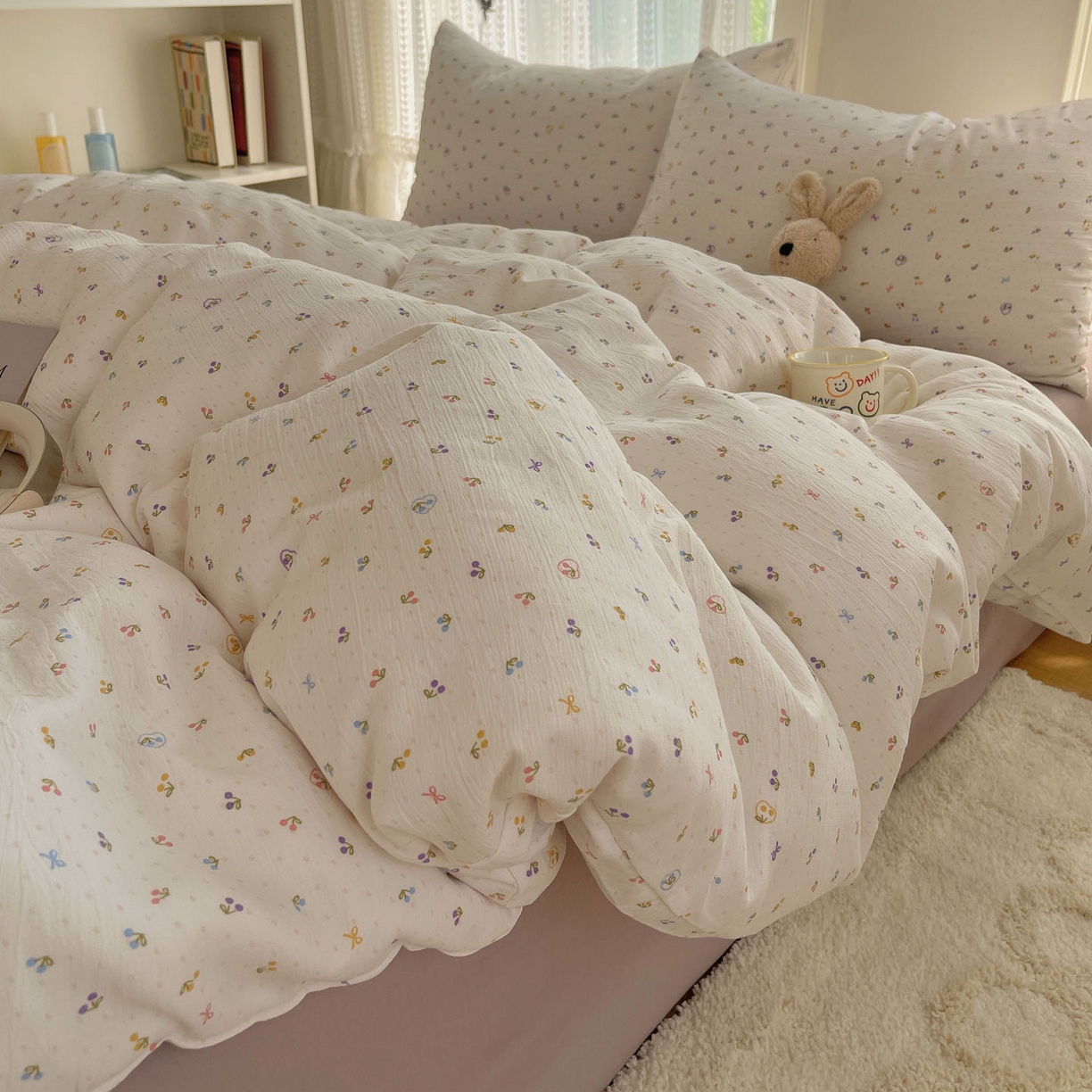 91家纺网 家纺一手货源 找家纺 金梦拉家纺 2025新款加厚皱皱纱婴儿纱四件套 小樱桃